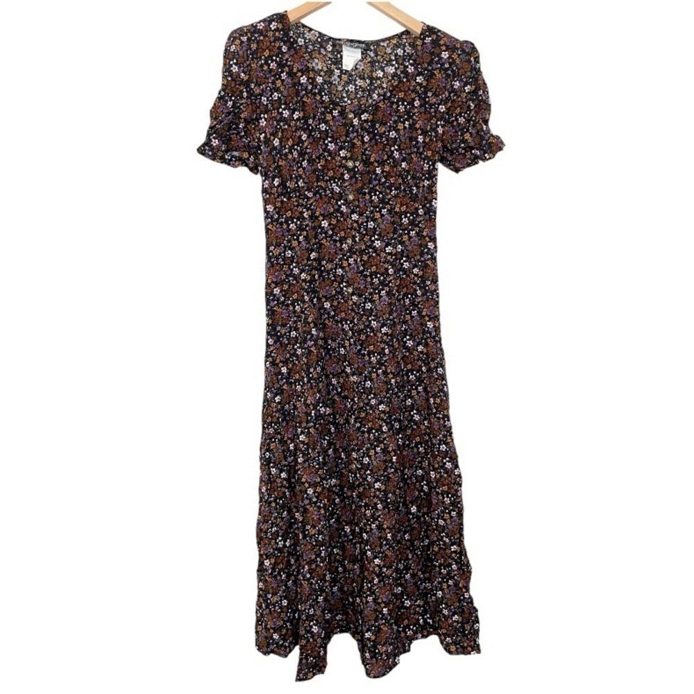 VTG All That Jazz dark floral button close short sleeve maxi dress 9/10